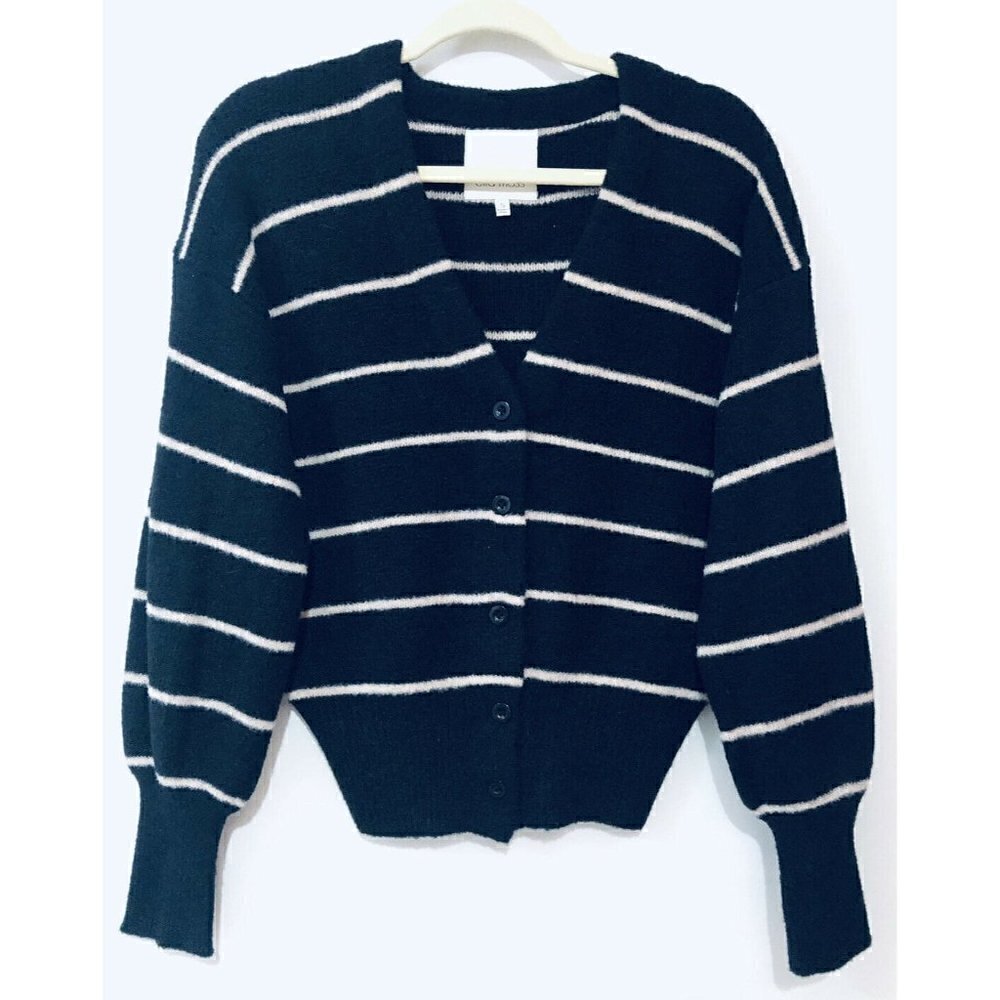 Ella Moss Womens Small Black Brinne Balloon Sleeve Stripe Cardigan Boho